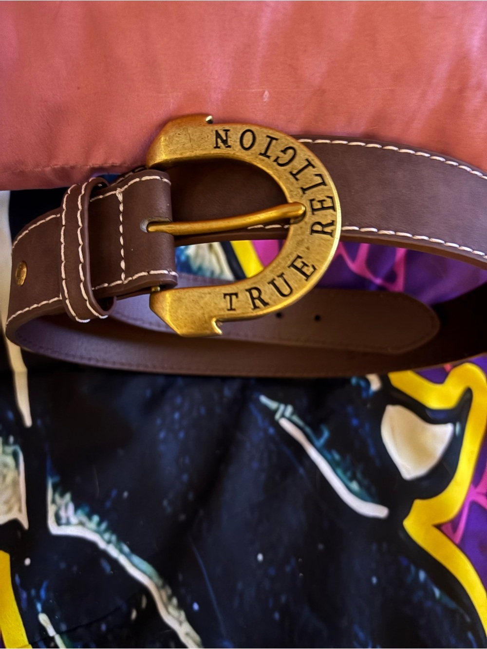 True Religion Brown Leather Belt with Branded Gold-Tone Horseshoe Buckle